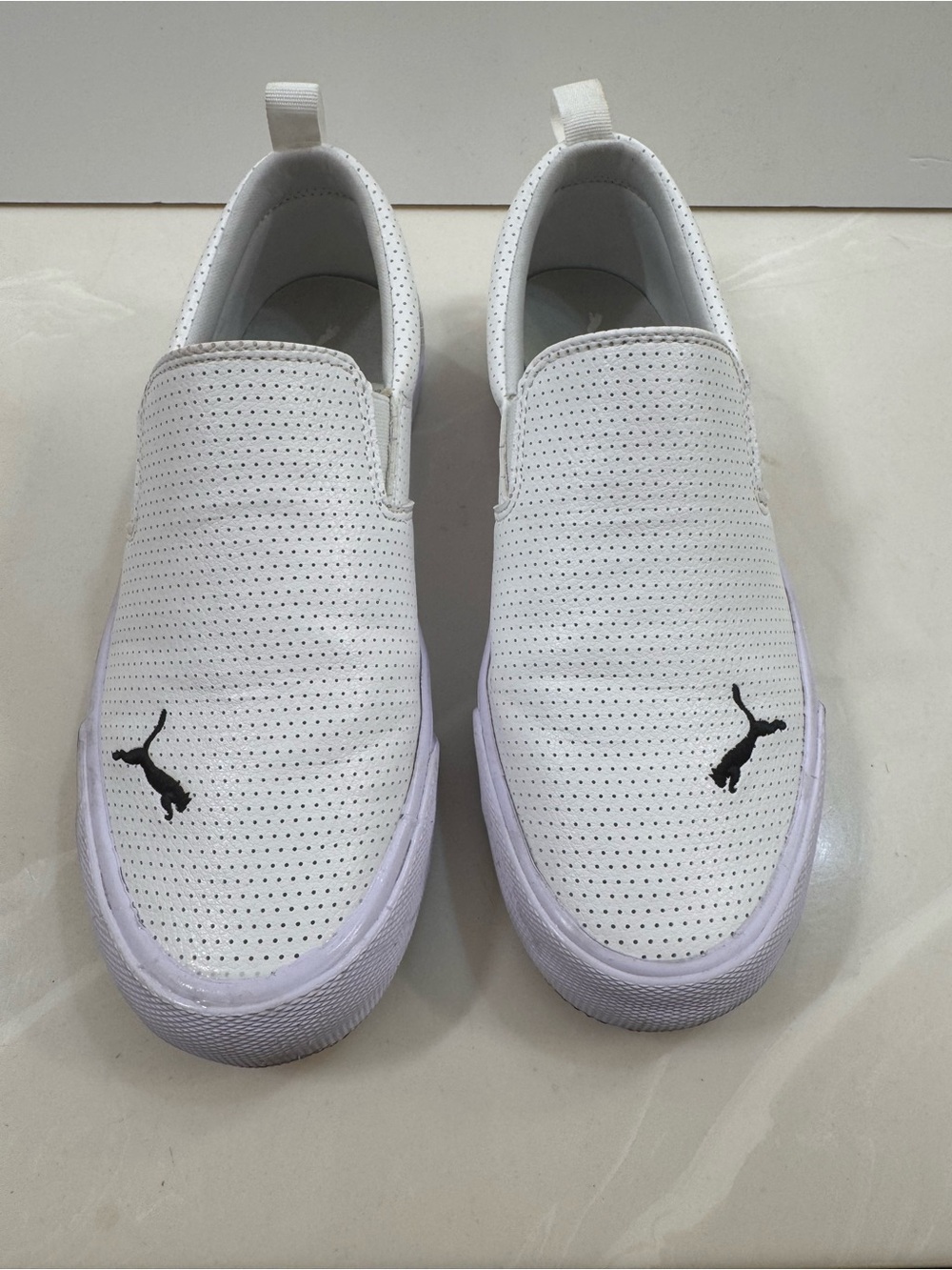 Puma White Perforated Slip-On Sneakers with Black Logo